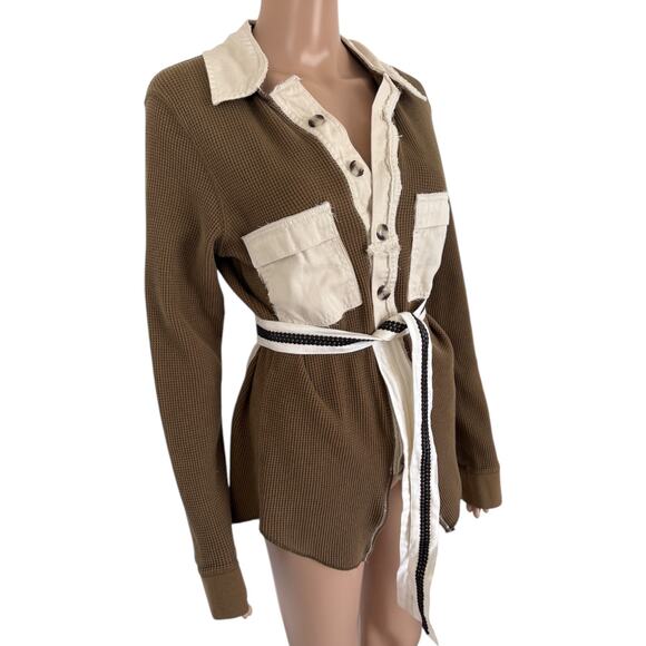 Upcycled Johnny Cash Waffle Knit Shirt Jacket Western Grunge Nashville L Green - Picture 3 of 8